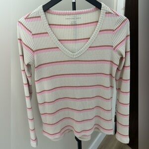 American Eagle Pink and Tan Striped V-Neck Sweater